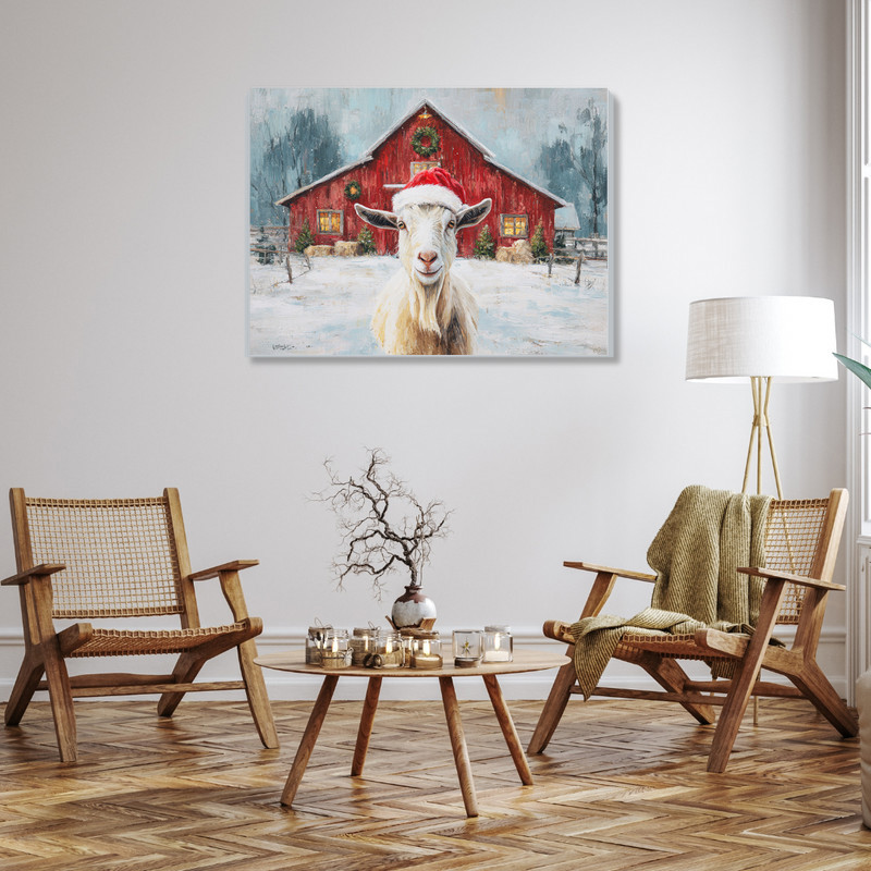 Funny goat canvas wall art in Santa hat, weathered wood backdrop, rustic farmhouse Christmas accent for living room decor