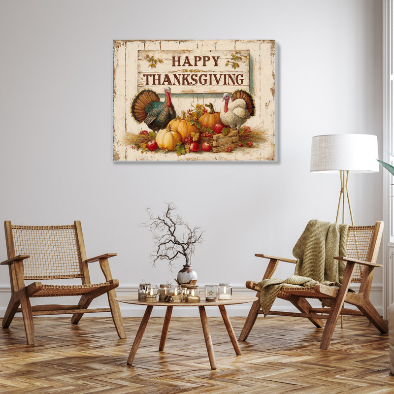 Happy Thanksgiving Turkey Family Farmhouse Canvas Wall Art For Living Room
