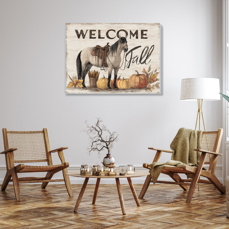 Autumn horse with pumpkins and Welcome Fall script, rustic farmhouse canvas art for living room, country chic neutral palette Autumn horse with pumpkins and Welcome Fall script, rustic farmhouse canvas art for living room, country chic neutral palette
