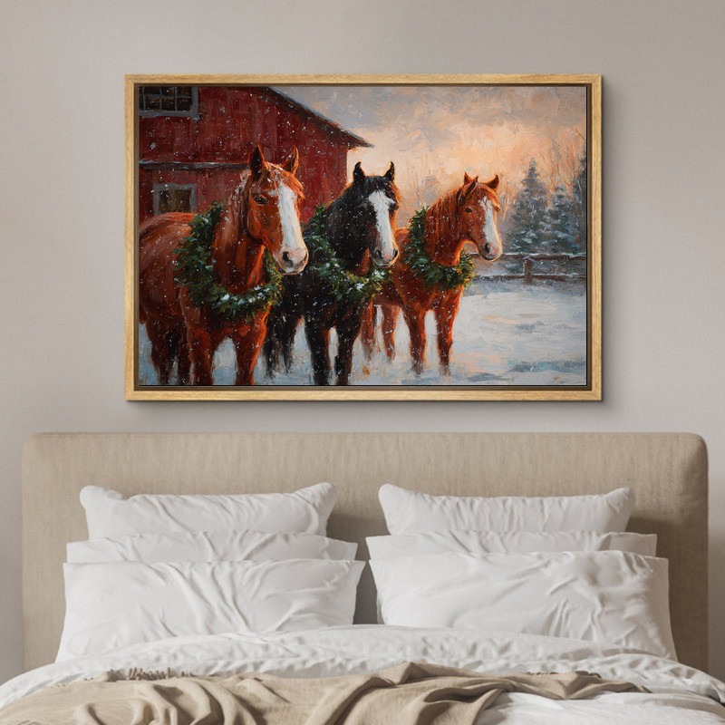 Christmas horses in snow canvas wall art, rustic farm holiday wall decor for winter farmhouse living room setting Christmas horses in snow canvas wall art, rustic farm holiday wall decor for winter farmhouse living room setting