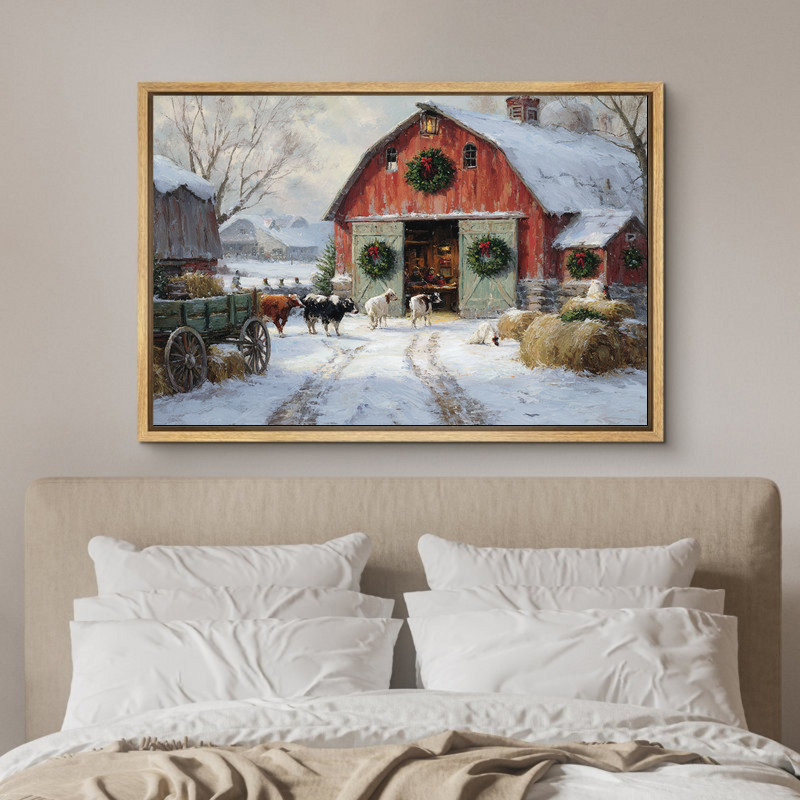 Christmas on the farm canvas wall art with barn, evergreens, and farm animals in a snowy scene, rustic farmhouse decor