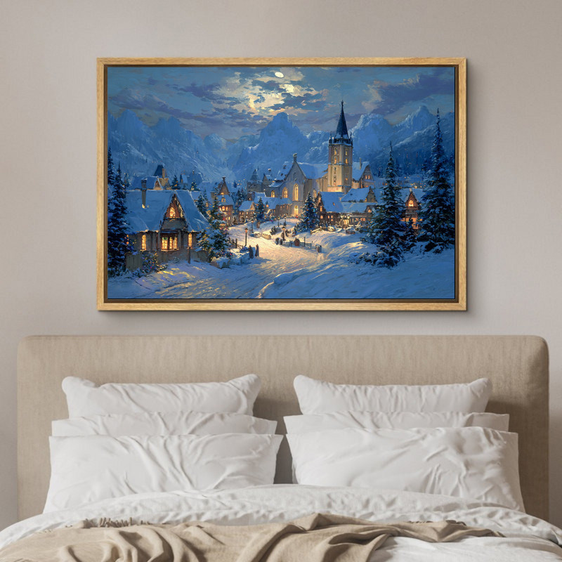 Christmas village holy night canvas wall art featuring church steeple and pines, portrait orientation with warm window glow