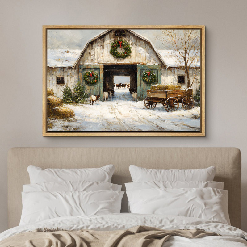 Country farmhouse barn in winter canvas wall art, rustic Christmas wall decor with snowy fields for cottage living rooms