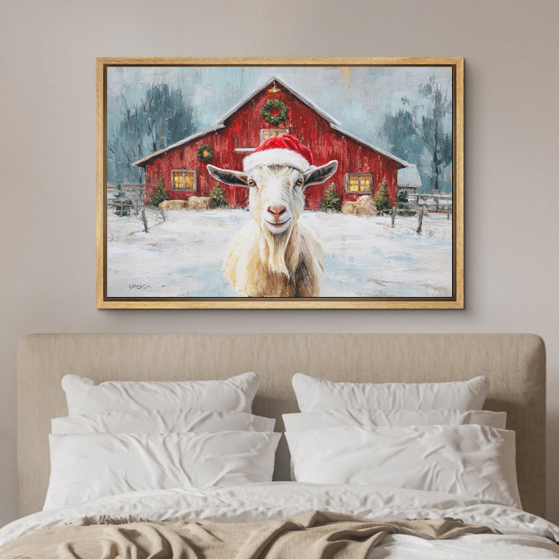 Christmas goat canvas wall art featuring a silly Santa hat, farmhouse rustic print, playful holiday gift for goat lovers
