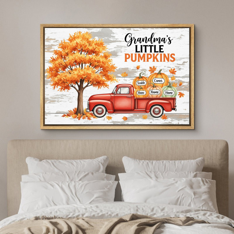 Grandma Little Pumpkin canvas wall art with watercolor pumpkin on beige, rustic farmhouse mantel accent for fall harvest
