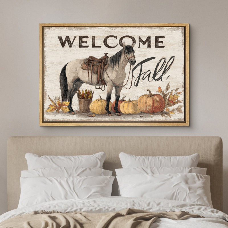 Country horse near pumpkins, Welcome Fall farmhouse canvas wall art, warm earthy hues for living room decor, rustic charm Country horse near pumpkins, Welcome Fall farmhouse canvas wall art, warm earthy hues for living room decor, rustic charm