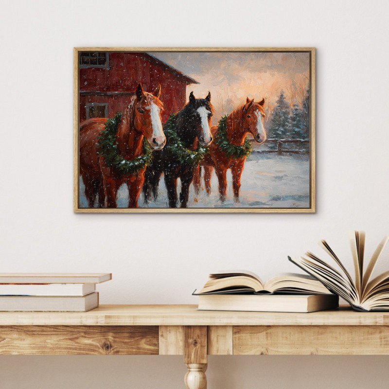 Christmas horses in snow canvas wall art, rustic country ranch vibe, seasonal farmhouse accent for holiday living room decor Christmas horses in snow canvas wall art, rustic country ranch vibe, seasonal farmhouse accent for holiday living room decor