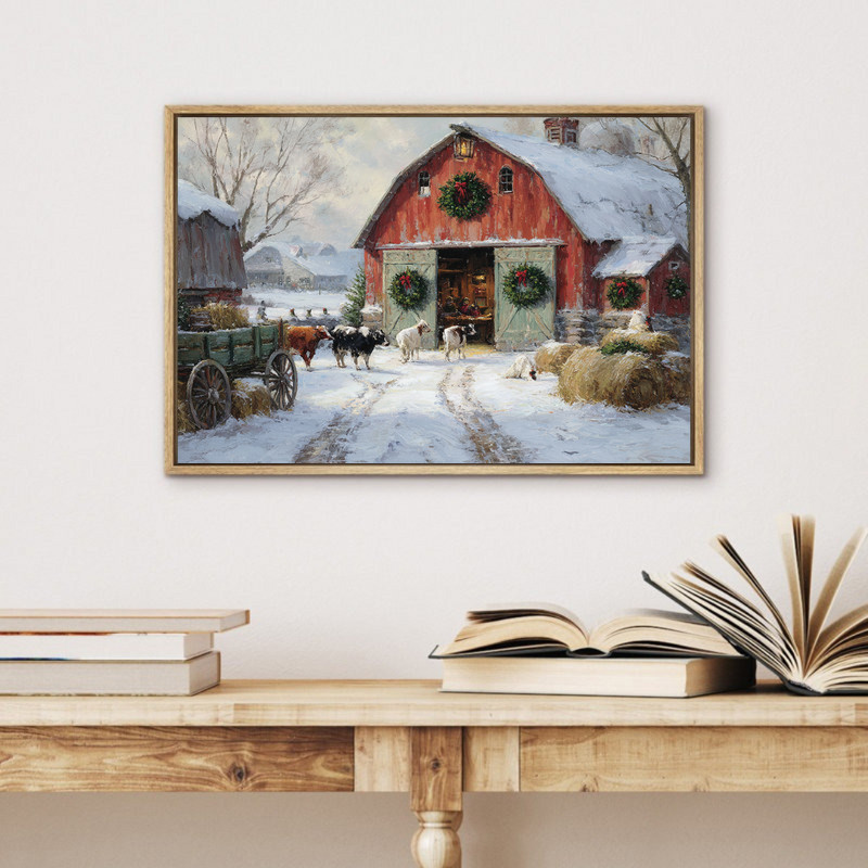 Christmas farm canvas wall art, barn door wreath and snowy corral with farm animals, muted palette rustic farmhouse style