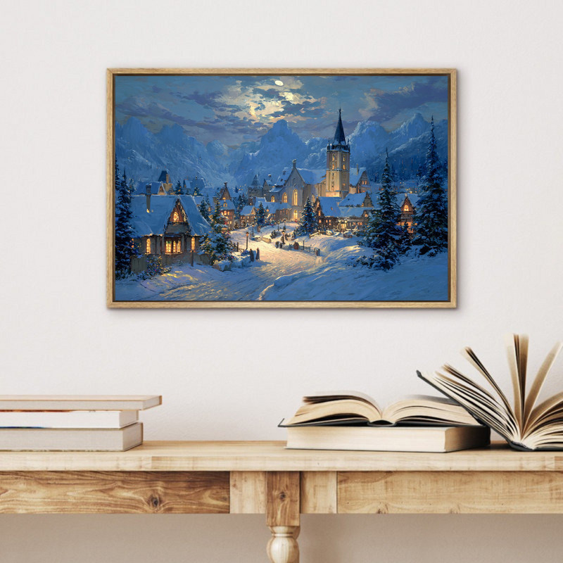 Christmas village holy night canvas wall art in watercolor style, navy night sky, bright stars and glowing cottage windows