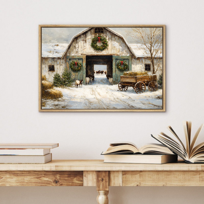 Farmhouse barn winter landscape canvas wall art, rustic Christmas country decor in neutral tones for a warm living room vibe