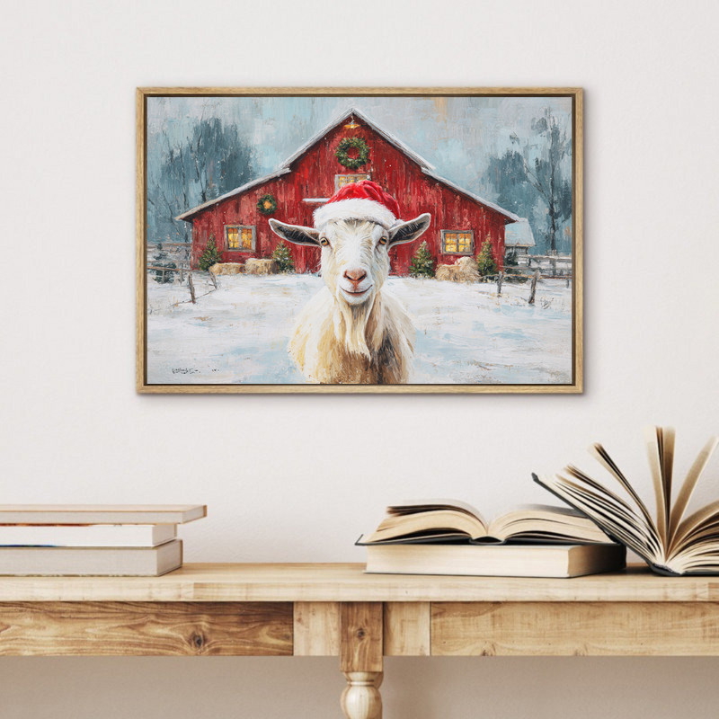 Funny Christmas goat canvas wall art, close-up portrait with Santa hat, neutral farmhouse palette for living room decor