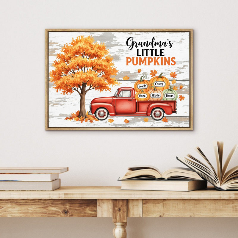 Grandma Little Pumpkin canvas wall art, square layout with bold black script on white, modern farmhouse decor for Halloween