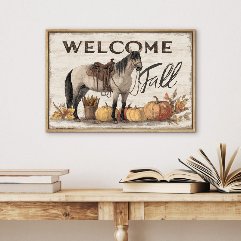 Rustic farmhouse horse and pumpkin scene with Welcome Fall lettering, canvas wall art for living room, warm harvest palette Rustic farmhouse horse and pumpkin scene with Welcome Fall lettering, canvas wall art for living room, warm harvest palette