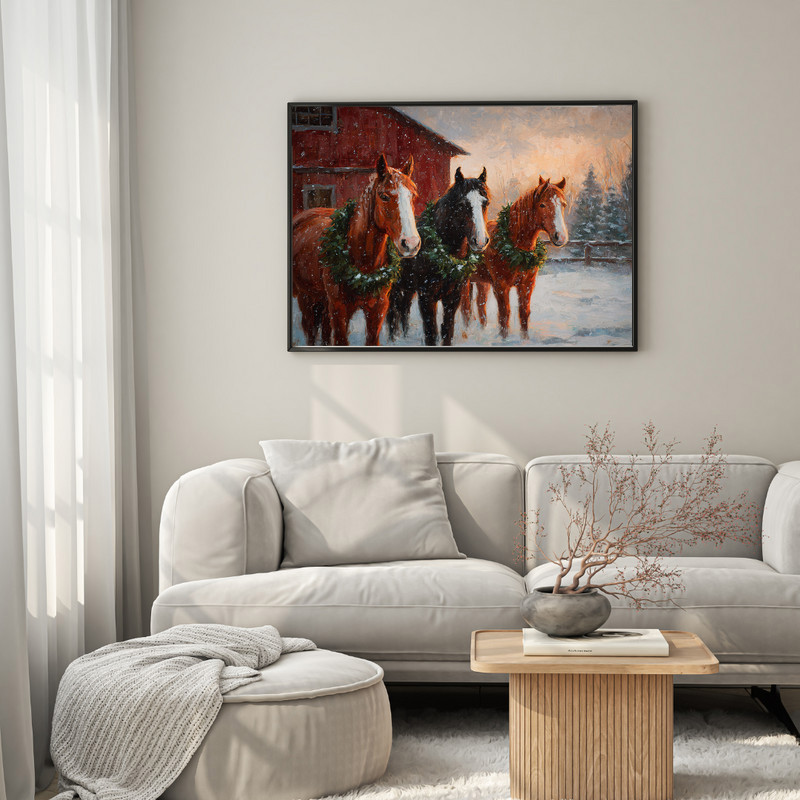 Christmas horses in snow canvas wall art, farmhouse rustic holiday piece for winter living room wall decor with country charm Christmas horses in snow canvas wall art, farmhouse rustic holiday piece for winter living room wall decor with country charm