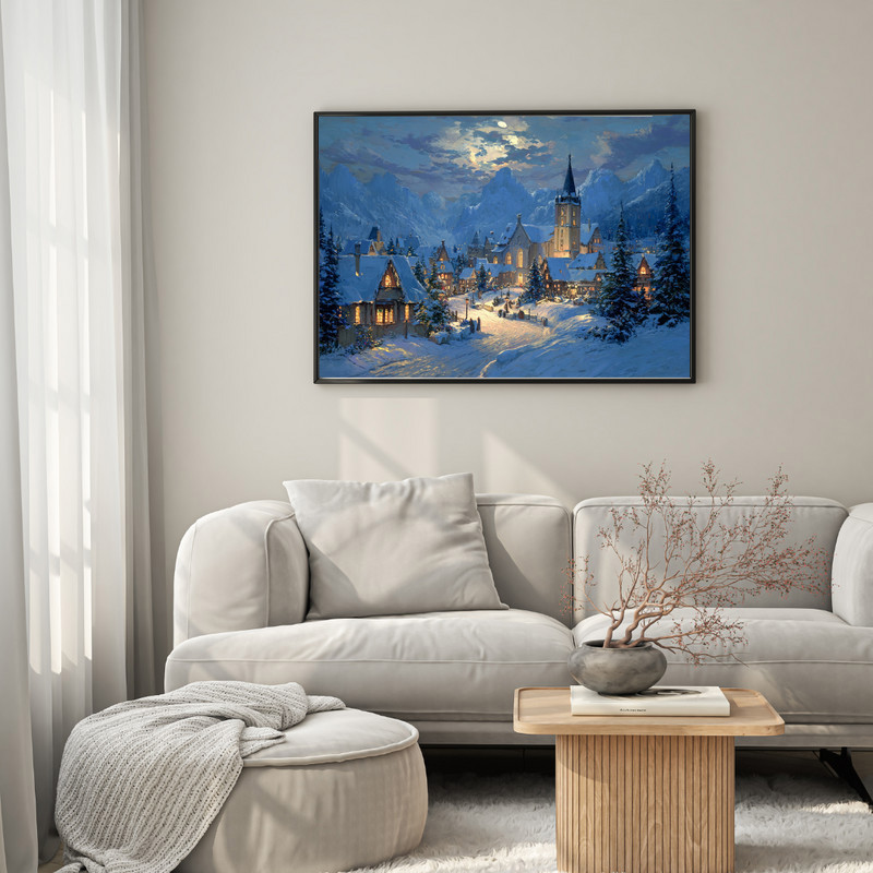 Christmas village holy night canvas wall art, panoramic winter landscape with muted tones, decor for cozy living room