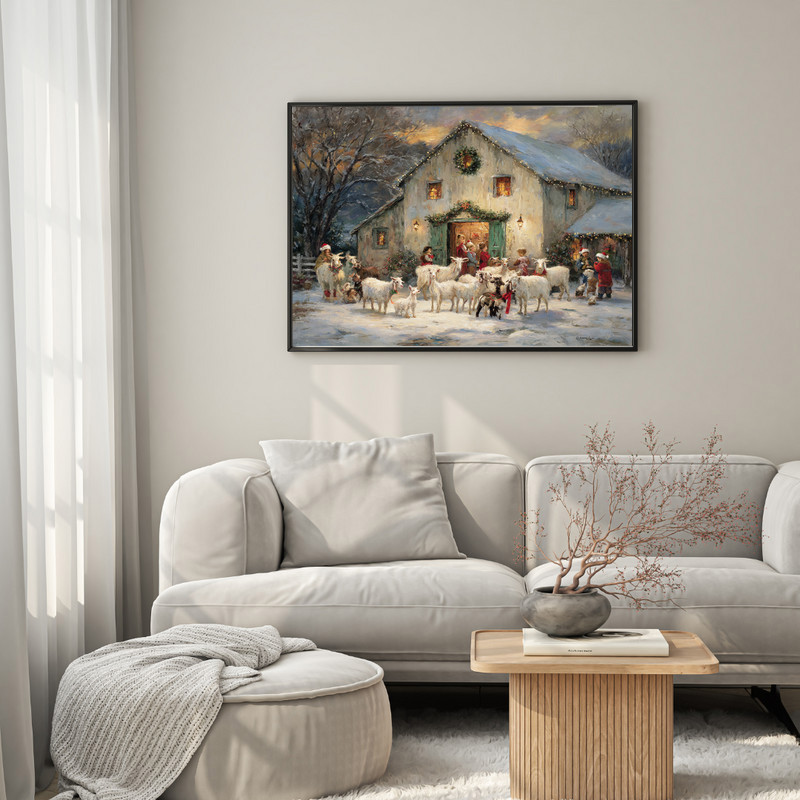 Farm animals in winter canvas wall art featuring goats and cattle by a snowy barn with wreath, farmhouse living room decor Farm animals in winter canvas wall art featuring goats and cattle by a snowy barn with wreath, farmhouse living room decor