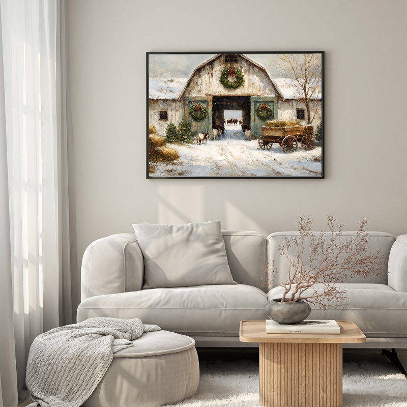 Rustic farmhouse barn at Christmas canvas wall art, snowy country scene wall accent ideal for entryway or living room decor