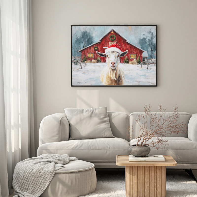 Christmas goat canvas wall art in Santa hat, snowy barn setting, farmhouse style, vertical orientation for holiday decor