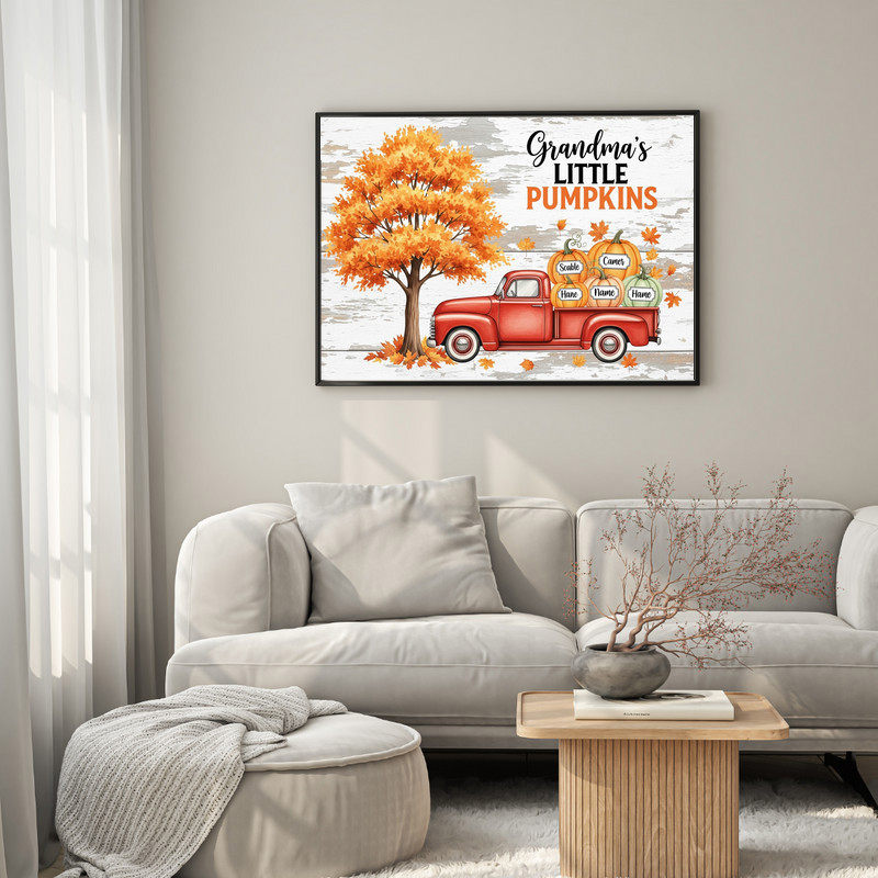 Grandma Little Pumpkin canvas wall art with distressed wood background and pumpkin motif, landscape style, Thanksgiving gift