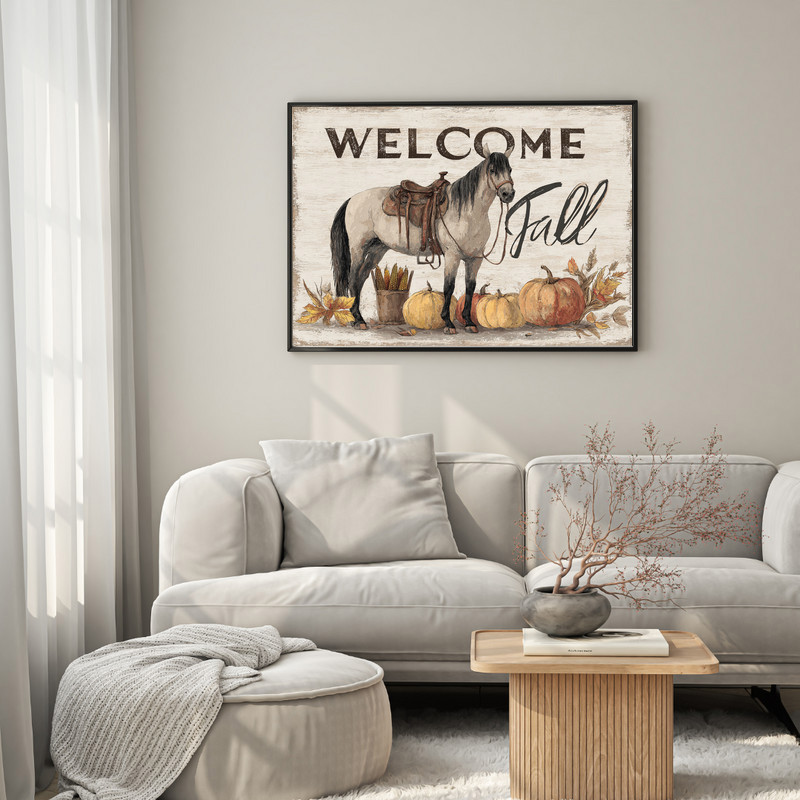 Vintage-style horse with pumpkins, Welcome Fall rustic farmhouse canvas wall art for living room, cozy country autumn decor Vintage-style horse with pumpkins, Welcome Fall rustic farmhouse canvas wall art for living room, cozy country autumn decor