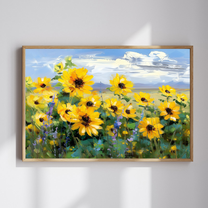 Sunflower field under bright summer sky canvas wall art, vibrant yellow blooms and blue sky, cheerful farmhouse decor accent | Family Wall Decor