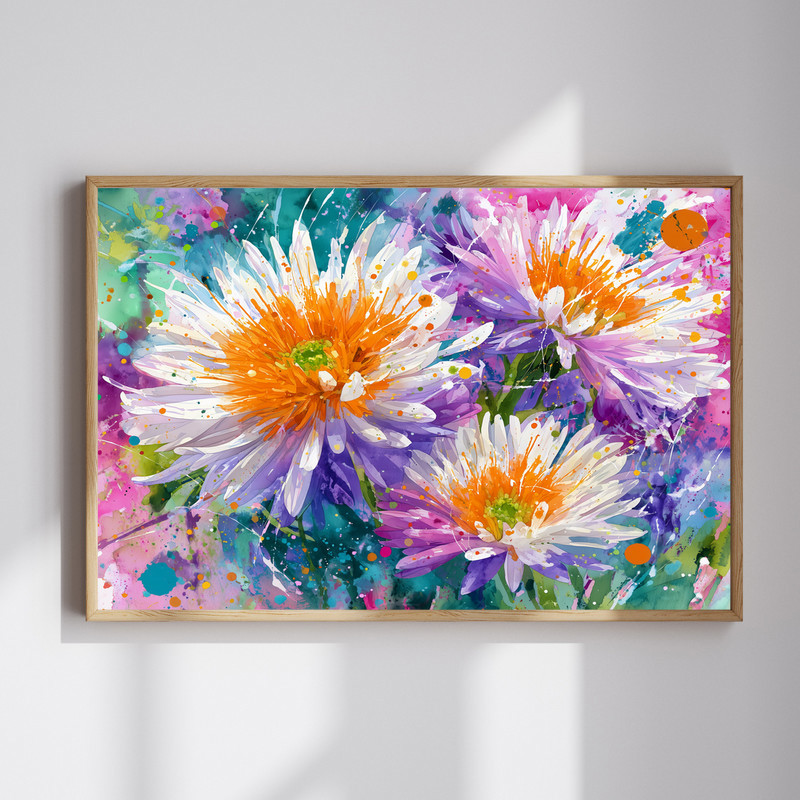 Vibrant watercolor floral canvas wall art featuring abstract aster petals, layered washes, and lively multicolor tones | Family Wall Decor