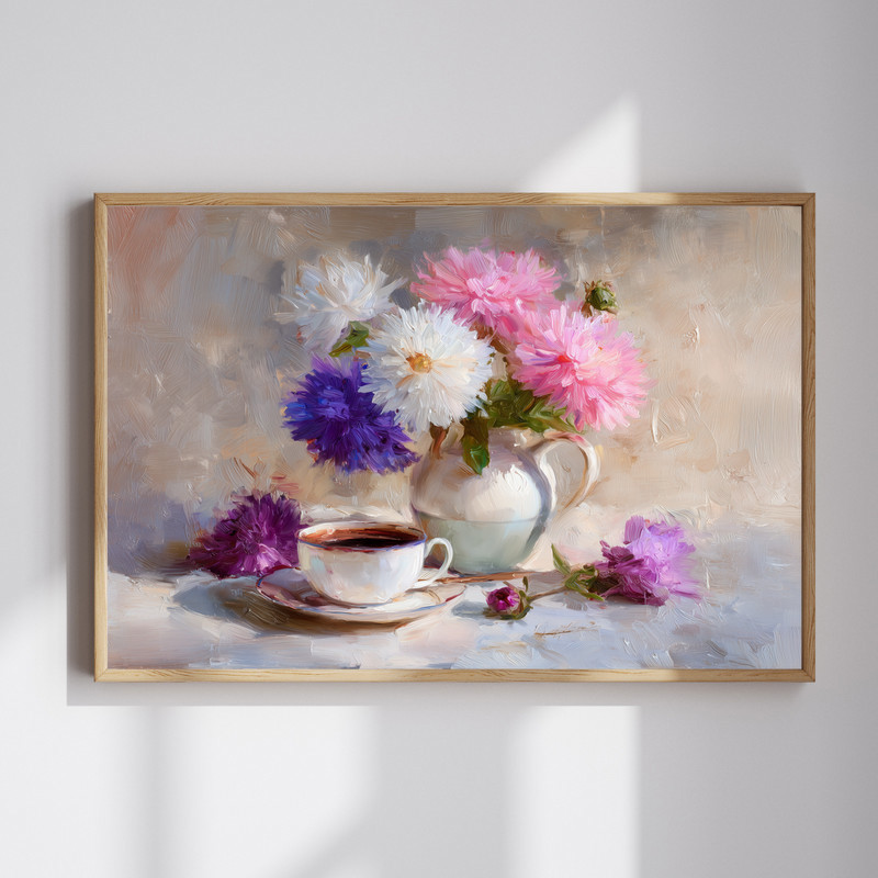 Asters and chrysanthemums with coffee canvas wall art, still life floral in warm earth tones for kitchen or dining decor | Family Wall Decor