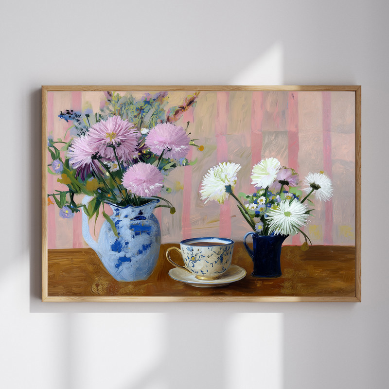 Asters and chrysanthemums canvas wall art still life with coffee cup, soft pastels and warm neutrals for kitchen wall decor | Family Wall Decor