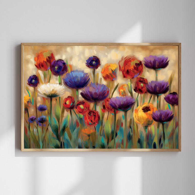 Asters and mums garden portrait canvas wall art, floral arrangement with purple asters and golden mums in lush greenery | Familywalldecor