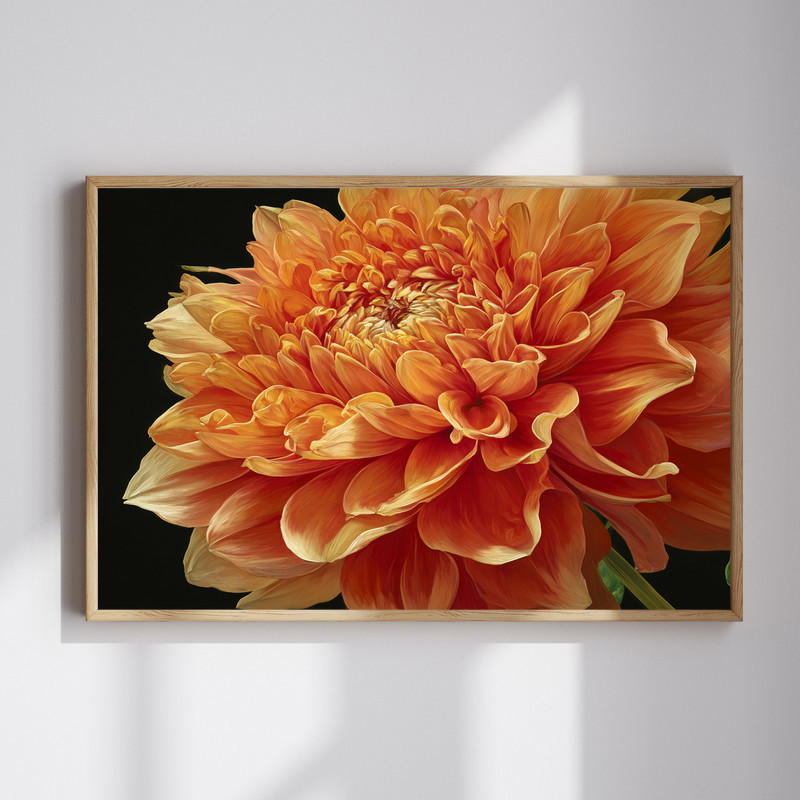 Bright orange dahlia macro oil painting canvas wall art, close-up bloom with textured petals and rich impasto details | Family Wall Decor