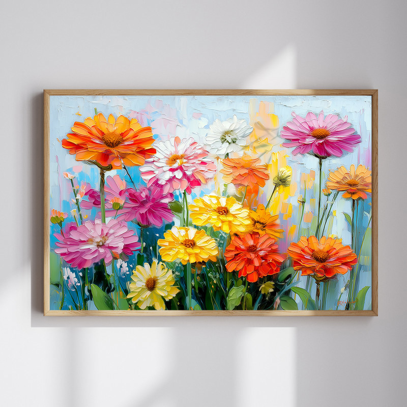 Colorful zinnia flower garden canvas wall art in vibrant multicolor, painterly brushstrokes, horizontal layout living room | Familywalldecor