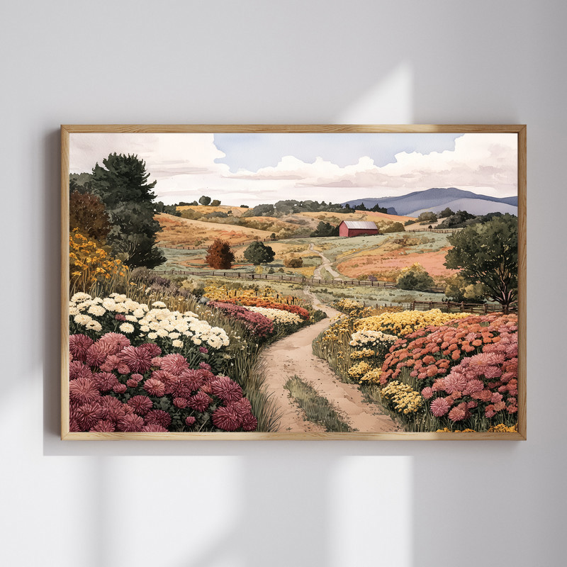 Country road through chrysanthemum fields canvas wall art, soft watercolor landscape with a winding lane and pastel blooms | Family Wall Decor