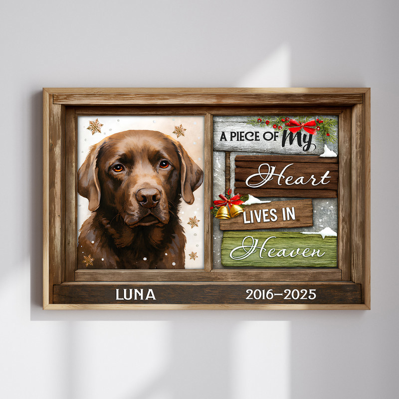 Pet memorial canvas, “A Piece Of My Heart Lives In Heaven”, custom pet name and dates, portrait