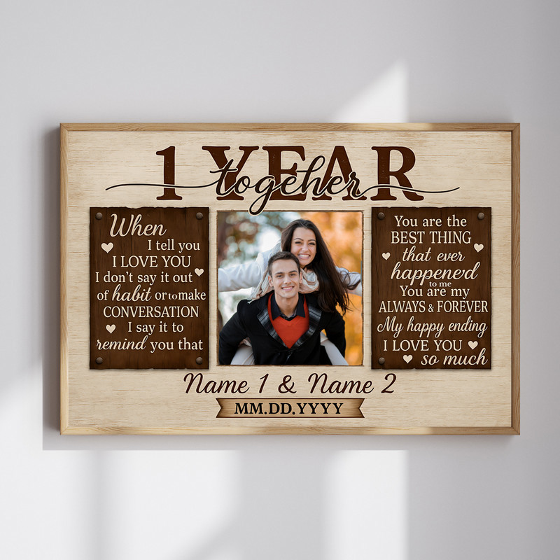 1st anniversary canvas wall art featuring your couple photo, names and date; keepsake gift for bedroom or living room | Familywalldecor