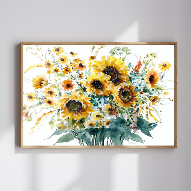 Sunflowers bouquet canvas wall art with bright yellow petals and green leaves on a neutral background, portrait orientation | Family Wall Decor