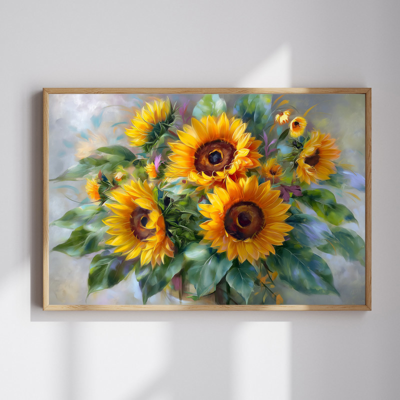 Farmhouse sunflowers bouquet canvas wall art with rustic mason jar on shiplap, warm yellow blooms, horizontal layout | Family Wall Decor