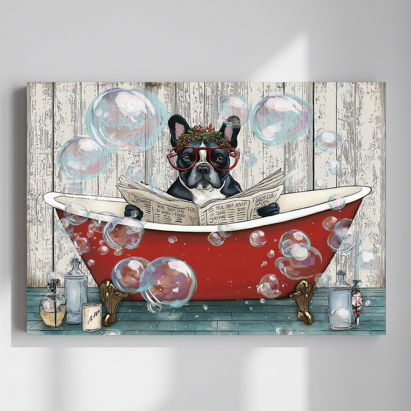 French Bulldog Christmas wreath canvas wall art, festive holiday dog bathroom decor with red-green accents in vertical layout | Family Wall Decor