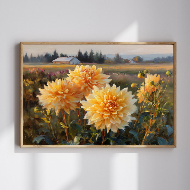 Golden dahlia sunrise countryside landscape canvas wall art, farmhouse amid blooming fields, horizontal gallery-wrapped | Family Wall Decor