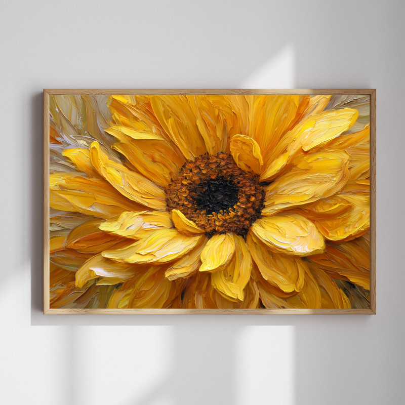 Golden sunflower canvas wall art, macro oil painting in warm yellows, close-up bloom with textured petals and brown center. | Family Wall Decor