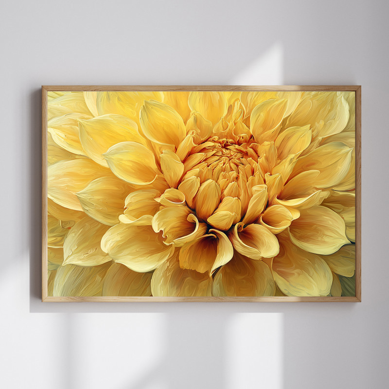 Golden yellow dahlia canvas wall art, macro oil painting close-up with layered petals and textured brushwork detail | Family Wall Decor