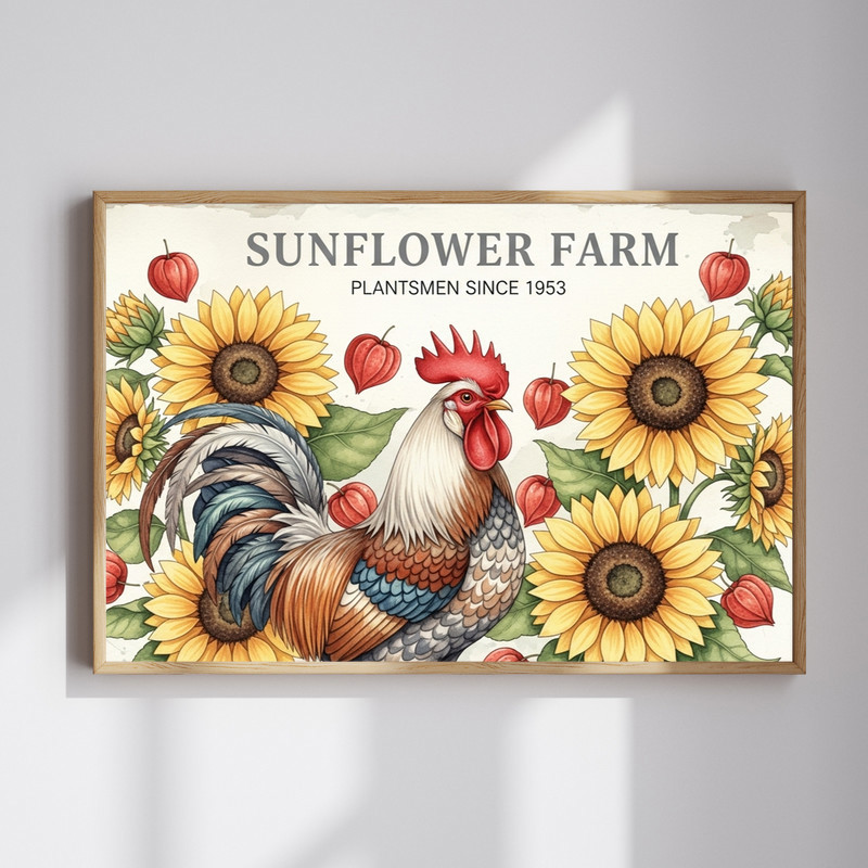 Grey and brown rooster with sunflowers canvas wall art in rustic farmhouse style, landscape layout for kitchen or dining room | Family Wall Decor