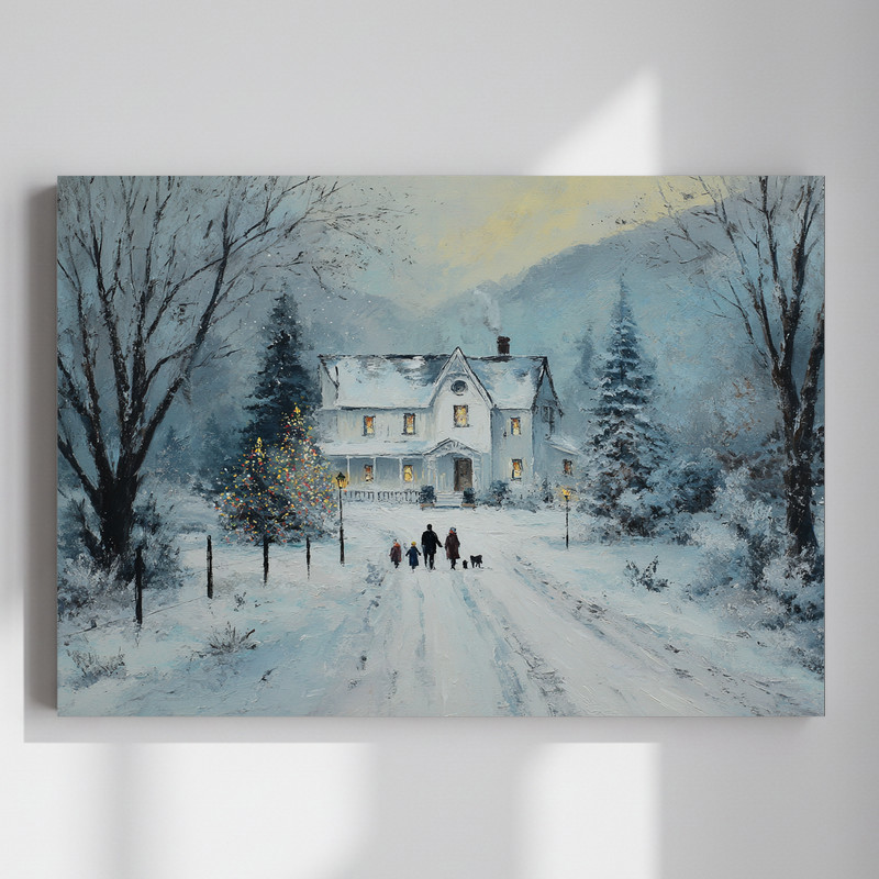 Christmas living room canvas wall art featuring a cozy tree and fireplace mantel, Home for the Holidays theme in warm tones | Family Wall Decor