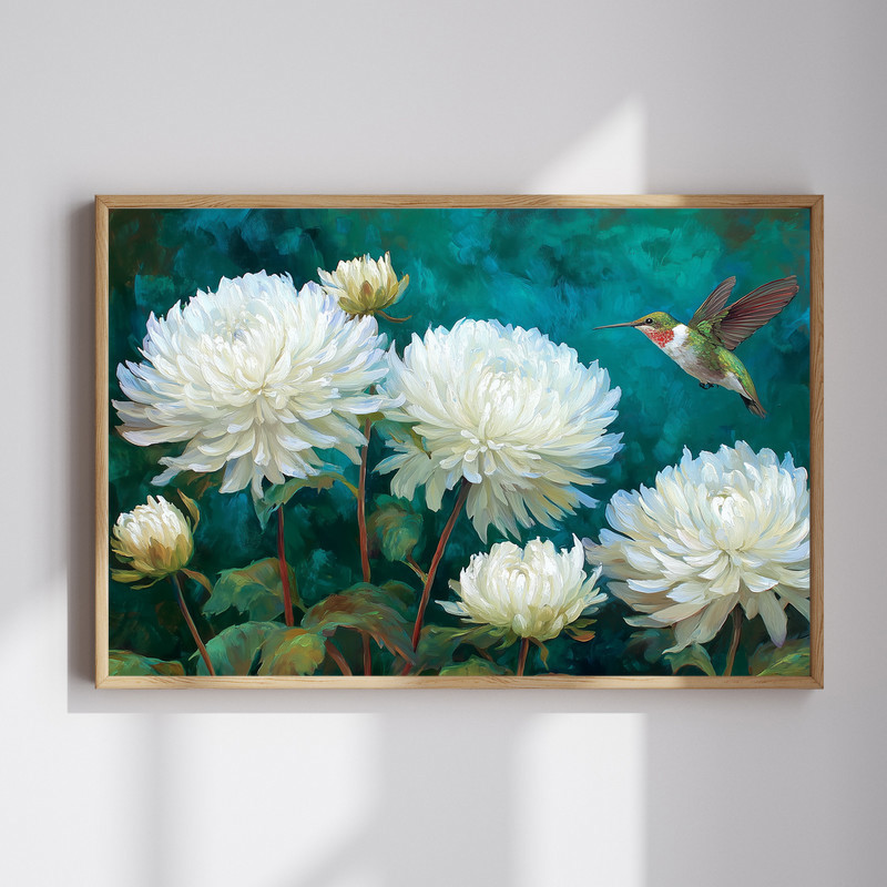 Hummingbird and chrysanthemums canvas wall art, classic oil painting style, hovering bird amid lush blooms on a soft backdrop | Family Wall Decor