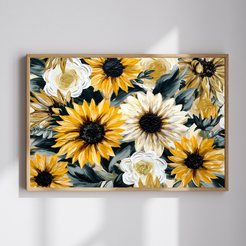 Sunflower florals canvas wall art, modern farmhouse look, golden blooms and green leaves on neutral background, portrait | Family Wall Decor