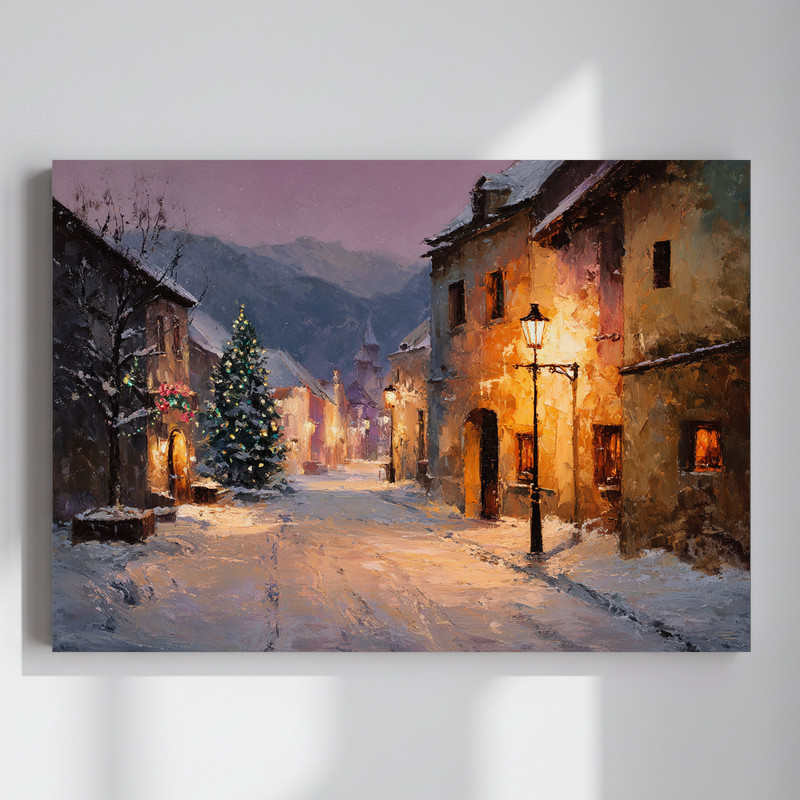 Peaceful snowy street canvas wall art in rustic holiday style, perfect for living room decor, adding cozy winter charm. | Family Wall Decor