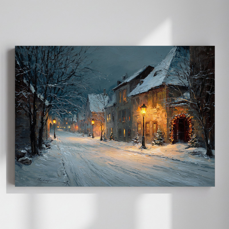 Peaceful snowy street canvas wall art, winter Christmas lamplight and cottages, horizontal for living room decor | Family Wall Decor