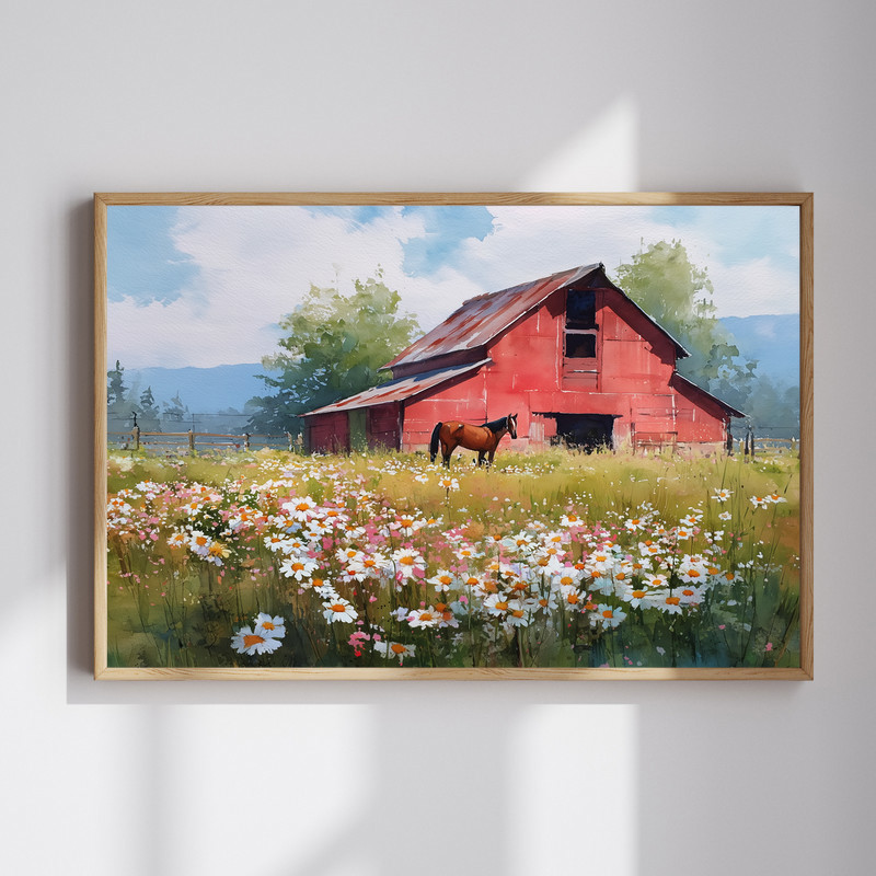 Red Barn Meadow With Asters And Horse, Farmhouse Watercolor Canvas Wall Art | Family Wall Decor