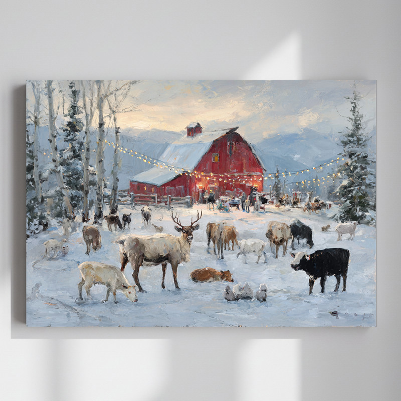Reindeer and farm animals canvas wall art in a snowy pasture, rustic winter living room decor with country landscape charm | Family Wall Decor