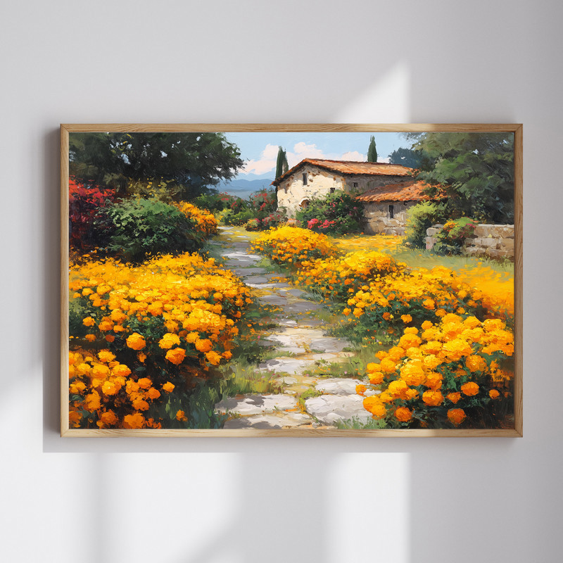 Rustic cottage garden canvas wall art with blooming marigold flowers in warm orange tones for farmhouse home decor | Familywalldecor