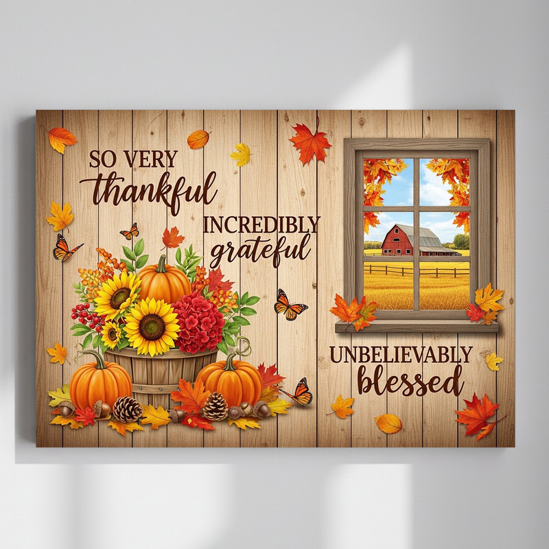 Rustic farmhouse autumn canvas wall art with pumpkins and wheat, harvest season living room decor in warm earth tones | Family Wall Decor